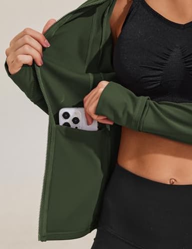 PINSPARK Lightweight Workout Jackets for Women Athletic Fitness Running Jacket Full Zipper Up Slim Fit Sports Tops Dark Army Green L - Image 3