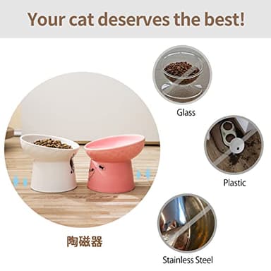 TAMAYKIM Tilted Ceramic Raised Cat Bowls, 8 OZ Food and Water Bowls Set for Kitty, 5 in Porcelain Elevated Stress Free Feeding Pet Dish, Dishwasher and Microwave Safe (White & Pink) - Image 6