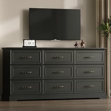 Farmhouse 9 Drawers Dresser for Bedroom, 63" Wide Modern Chest of Drawers with Deep Drawers & Bar Handles, Rustic Wood Dresser TV Stand, Wooden Closet Storage Organizer for Living Room, Hallway, Black - Image 6