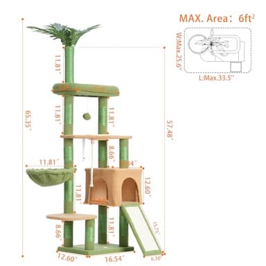 Heybly Cat Tree,Cat Tower for Indoor Cats, 65.4 inches Cat Condo with Perches, Basket, Feeding Bowl Station, Multi-Level Plush Furniture with Scratching Posts, Green and Yellow HCT015GY - Image 5