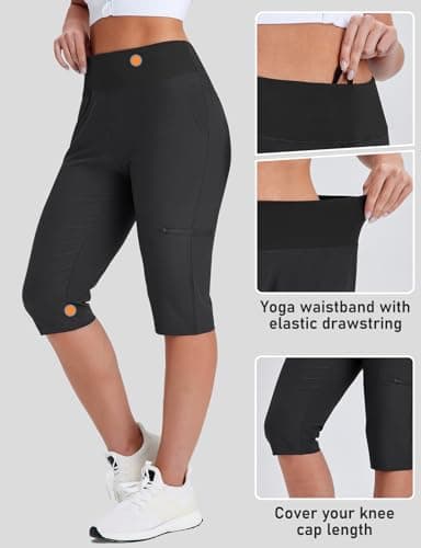 Emlovm Petite Capris for Women Petite Length Golf Capri Pants Below The Knee Shorts Quick Dry Long Hiking Shorts Knee Length with Zipper Pockets Black Large - Image 3