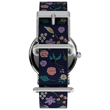 Timex Womens Watch Peanuts Weekender Casual Ladies Wristwatch - Featuring Snoopy and Woodstock in a Floral Motif, Silver-Tone Case with Blue Fabric Strap (31mm) - Image 3