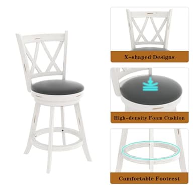 Betterhood 24" Counter Height Swivel Bar Stools - High Back Swivel Counter Stools with Upholstered Seat & Solid Wood Footrest, Counter Bar Chairs for Kitchen Island & Pub (Antique White, Set of 2) - Image 6