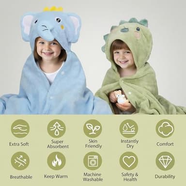 6 PCS Toddler Bath Towel Set for Boy Girl 0-5 Year, 2 PCS Thick Absorbent Hooded Baby Bath Towels Large 55" x 27.5" & 4 PCS Washcloths, Ultra Soft Gift for Infant, Toddler, Kids, Dinosaur & Elephant - Image 3
