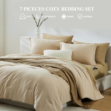 WRENSONGE Full Size Comforter Set- 7 Pieces Soft Beige Bed in a Bag Full with Fitted Sheet, Flat Sheet, 2 Pillow Shams, 2 Pillowcases, Warm Bedding Sets for All Season - Image 3
