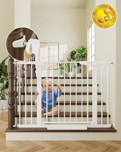 Cumbor 29.7-46" Baby Gate for Stairs, Toddler Safety Essentials for The House, Auto Close Dog Gate for Doorways, Mom's Choice Awards Winner-Easy Install Pressure Mounted Pet Gates for Dogs, White - Image 1