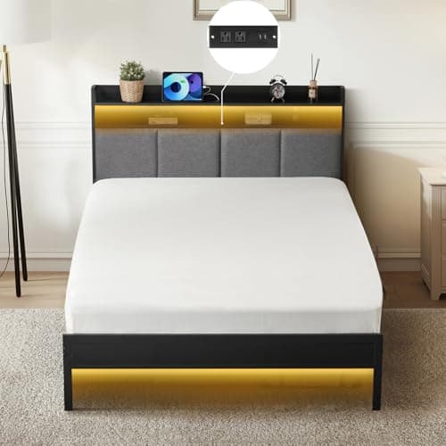 Z-hom Twin Bed Frames, Upholstered Upgraded Metal Bed Frame with LED Lights Headboard & Footboard, Bed Furniture with Charging Station Ports & Storage Shelves, Easy Assembly Bed Frame, Noise Free - Image 1