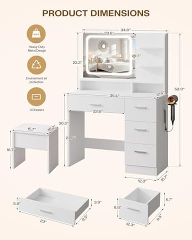 LIVELYGLOW Makeup Vanity Desk Set, 35.4“Wx15.7”Dx53.9“H, White (Smart LED Mirror, with Cushion Stool, Hairdryer Rack, Power-Outlet, 4 Drawers, Open Shelves) - Image 2