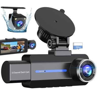 Dash Cam Front and Rear, 2.5K+1440P Triple Car Camera with 32GB Card, 3 Channel Dash Camera for Cars, G-Sensor, 3.16” IPS Screen, 24Hr Parking, 170°Wide Angle, Loop Recording, IR Night Vision, Blue - Image 1