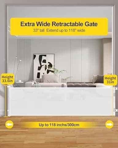 118 Inch Extra Wide Retractable Baby Gate,Mesh Large Baby Gate or Mesh Pet Dog Gate, Opening Wide Extra Long Child Safety Gate for Indoor Baby Fence, Outdoor, Stairs, Deck (White) - Image 2