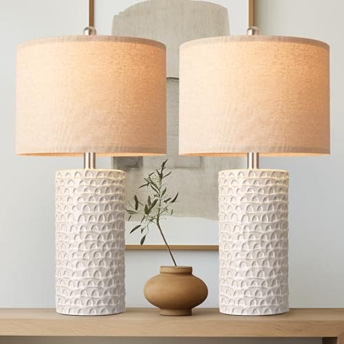 PARTPHONER 23" Modern Ceramic Table Lamp Set of 2, Table Lamps for Living Room, Rustic Farmhouse Bedside Lamps Nightstand lamp for Bedroom, White Desk Lamp for End Table Home Decor Beige - Image 1