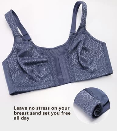 DotVol Women's Full Figure Front Closure Wirefree Jacquard Back Support Posture Bra(Grey Blue,42DD) - Image 6