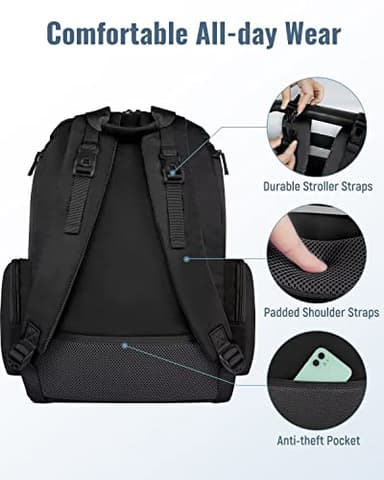 Mancro Diaper Bag Backpack, Multifunctional Dad Diaper Bag with 2 Side Insulated Pockets, Travel Water Resistant Baby Diaper Backpack for Men Women with Stroller Straps, Black - Image 6