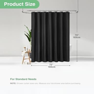 Dynamene Black Fabric Shower Curtain - Waffle Textured Heavy Duty Cloth Curtains for Bathroom, 256GSM Hotel Spa Luxury Weighted Polyester Bath Curtain Set with 12 Plastic Hooks(72Wx72H, Black) - Image 3