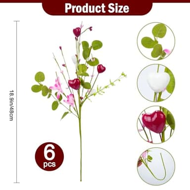 Fairblo 6 Pcs Artificial Silk Flowers for Home Decor Indoor,Fake Flowers with Stems for Vases for Decoration,Faux Flower Arrangements Spring Floral Picks Hearts Berry with Green Leaves(19’’) - Image 3