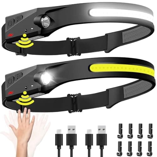 Headlamp Rechargeable 2PCS, 230° Wide Beam Head Lamp LED with Motion Sensor for Adults - Camping Accessories Gear, Waterproof Head Light Flashlight for Hiking, Running, Repairing, Fishing, Cycling - Image 1