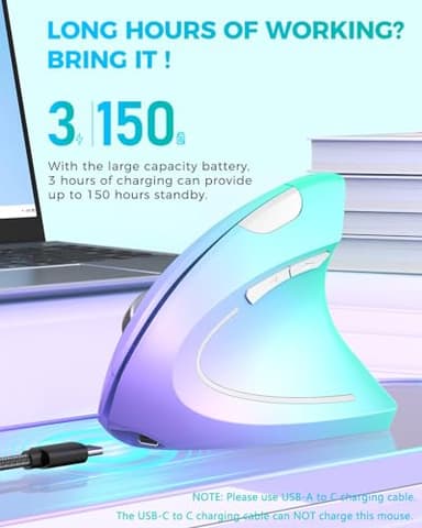 Lekvey Ergonomic Mouse, Vertical Wireless Mouse, Rechargeable 2.4G Optical Carpal Tunnel Mice: 800/1200 / 1600 DPI, 6 Buttons, for Laptop, PC, Mac, Computer, Desktop, Notebook etc, Green Purple - Image 4