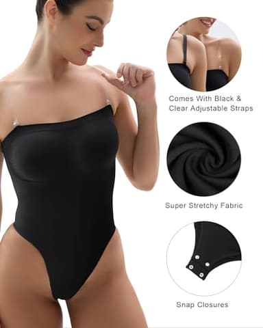 SHAPERX Strapless Bodysuit for Women Tummy Control Seamless Shapewear Thong Body Shaper with Invisible & Removable Straps,SZ5216-Black-L/XL - Image 3