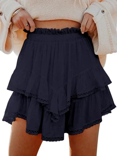 Aoudery Flowy Shorts for Women Casual Boho Ruffle Tiered Skorts High Waist Mini Skirts Golf Tennis Butterfly Crochet Shorts - Navy Blue S - Image 1
