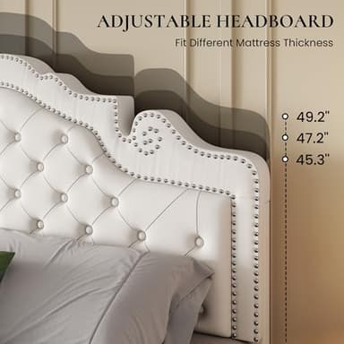 SHA CERLIN Queen Size Bed Frame with Adjustable Headboard/Velvet Upholstered/Diamond Button Tufted and Metal Studs/No Box Spring Needed/Sturdy Wood Slat Support/Easy Assembly/White - Image 4