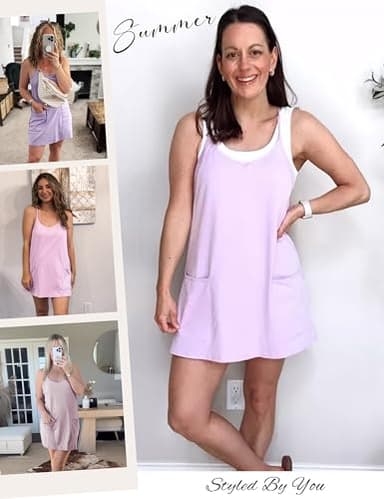 Yidarer Womens Summer Athletic Mini Dress Sleeveless Spaghetti Strap Built-in Shorts V Neck Sundress with Pockets(Mauve-Large) - Image 2