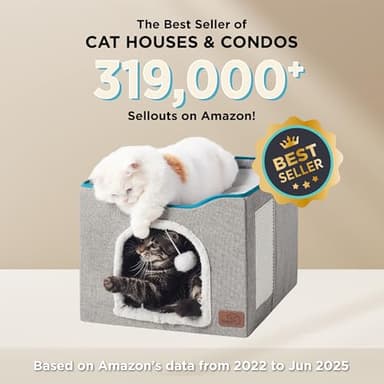 Bedsure Cat Beds for Indoor Cats - Large Cat Cave for Pet Cat House with Fluffy Ball Hanging and Scratch Pad, Foldable Cat Hideaway, 16.5x16.5x13 inches, Grey - Image 5