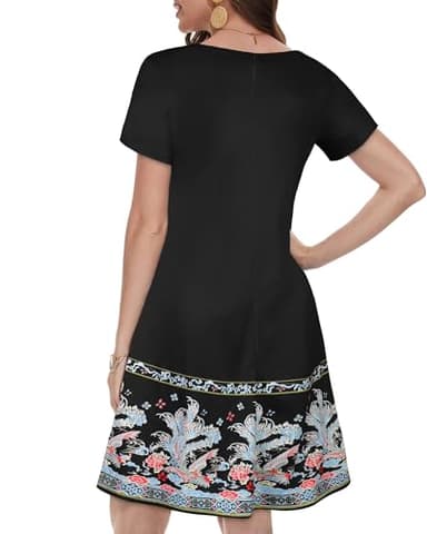 elescat Summer Dresses for Women Casual Loose Short Sleeve Sundress Scoop Neck Beach Cover Up with Pockets(Black Floral, L) - Image 5