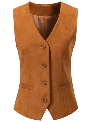 V VOCNI Women's Fully Lined 4 Button V-Neck Economy Dressy Suit Vest Waistcoat Suede Leather Khaki Medium - Image 1
