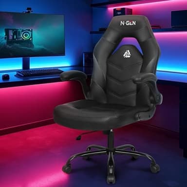 N-GEN Video Gaming Chair Ergonomic Computer Desk Office Chair with Lumbar Support Adjustable Height Swivel Wheels Flip-Up Arms PU Leather Home and Office (Black) - Image 2
