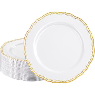 Hioasis 60pcs Gold Plastic Plates - White and Gold Disposable Dinnerware with Gold Rim, Heavy-duty, 10.25 inch, Dinner Plates for Party & Wedding - Image 1