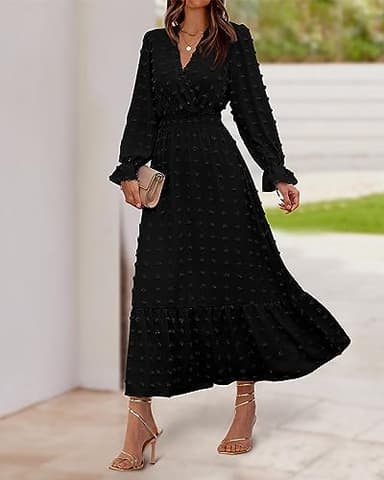BTFBM Women Fall Maxi Dresses 2025 Long Sleeve V Neck Swiss Dots High Waisted A-Line Ruffle Boho Long Dress Vacation(Black,Medium) - Image 7