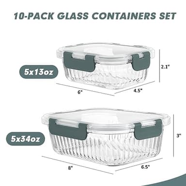 KOMUEE 10 Packs Glass Meal Prep Containers with Lids, Glass Food Storage Containers Set, Airtight Lunch Containers, Microwave, Oven, Freezer and Dishwasher Safe, Gray - Image 2