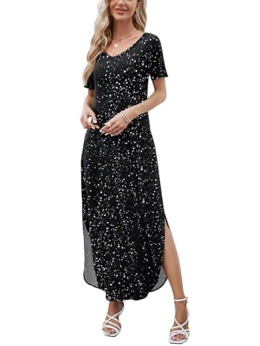 HUSKARY Women's Summer Maxi Dress Casual Loose Pockets Long Dress Short Sleeve Split-Foil Silver - Image 3