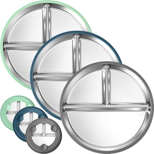 BUSOHA 3 Pack Stainless Steel Kids Plate Set - 9” Divided Toddler Baby Plates with Silicone Sleeves with Suction 2-in-1 Anti Breakage Metal Toddler Bowls Microwave Dishwasher Safe - Image 1