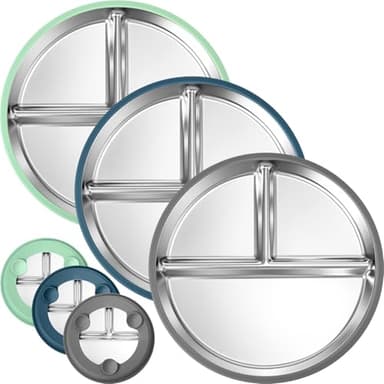 BUSOHA 3 Pack Stainless Steel Kids Plate Set - 9” Divided Toddler Baby Plates with Silicone Sleeves with Suction 2-in-1 Anti Breakage Metal Toddler Bowls Microwave Dishwasher Safe - Image 1
