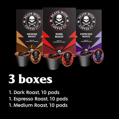 Death Wish Coffee, Single Serve Coffee - 10 Each of Medium, Dark, and Espresso Roast - Mixed Roast Variety Pack - Image 2