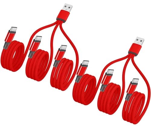 4FT 2Pack USB A to Multi 3 Type C Splitter Cable,3 in 1 Multi Charging Cable Nylon Cord, USB A to 3 USB C Port Compatible with Apple i-Phone 15,iPad Pro/Air,Sam-sung S24 S23,Moto,Google Pixel 8,LG,Red - Image 1