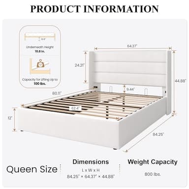 SHA CERLIN Queen Size Lift Up Storage Bed/Velvet Upholstered/Modern Wingback Headboard/Upholstered Platform Bed Frame/Hydraulic Storage/No Box Spring Needed/White - Image 2