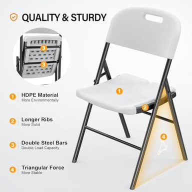 VINGLI Folding Chairs, Heavy Duty Foldable Chair Portable HDPE Plastic Seat with Steel Frame for Indoor Outdoor Dinning Party Wedding School Use, White, 6 Pack - Image 4
