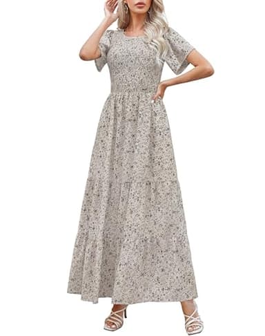 Kranda Summer Dresses for Women 2025 Crew Neck Flutter Short Sleeve Tiered Ruffle Smocked Floral Vacation Beach Maxi Dress Beige M - Image 1