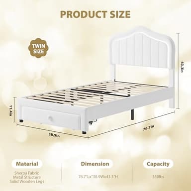GarveeHome Twin Upholstered Bed Frame with Storage Drawer and Smart Led Headboard, Twin Size Platform Bed Frames for Kids, Wooden Slats Support, No Box Spring Needed, Easy Assembly, White - Image 2