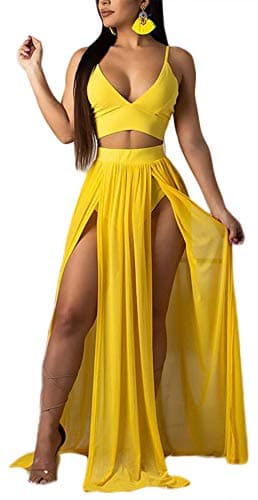 Women Sexy 2 Piece Outfits Dress Chiffon Strap Deep V Neck Bra Crop Top High Split Maxi Dresses Skirt Set Swimwear Cover Ups Yellow M - Image 1