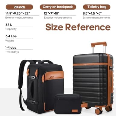 UKEIN Luggage Sets 3 Piece, Carry On Luggage 20In With Spinner Wheels,PC Hardside Suitcase Set with TSA Lock,Durable Carry On Suitcase With Travel Backpack for Men (Black, 3 piece set (20inch)) - Image 7