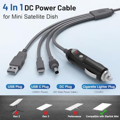 Kzreect 4-in-1 DC Power Cable 10FT/3M for 12V Satellite Internet Device, USB-C, USB-A, Cigarette Lighter, and DC Male Connectors, Waterproof 18AWG Cable for Car, RV, Outdoor Use - Image 3