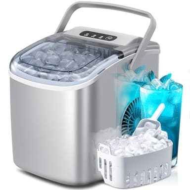 Portable Countertop Ice Maker Machine with Handle, 9 Bullet-Shaped Ice Cubes Ready in 6 Mins, 26Lbs/24H, Self-Cleaning Function with Ice Scoop and Basket for Home/Kitchen/Party (Grey) - Image 1