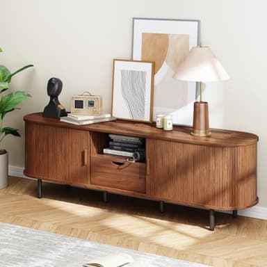 ONBRILL 69" TV Stand with Power Outlet for TVs up to 80", Entertainment Center with Storage and Drawer, TV Console with Adjustable Shelves and Sliding Door, TV Stand for Living Room, Bedroom, Walnut - Image 6