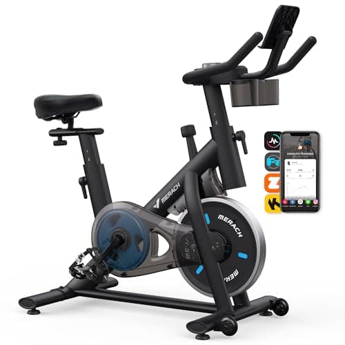 MERACH Exercise Bike, Brake Pad Stationary Bike with Exclusive App, Low Noise Indoor Cycling Bike with 300lbs Weight Capacity, Tablet Mount and Fitness Courses for Weight Loss - Image 1