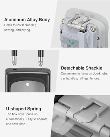 Puroma Lock Box, Large Key Lock Box Resettable Combination Code Lockbox, Portable Wall Mount Lockbox Security Safe Box for Outside Outdoor Home Office Door Handle House Key, Gray (1 Pack) - Image 6