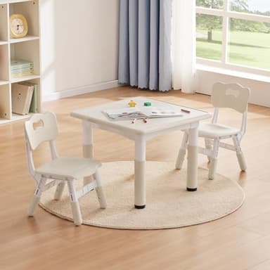GITAWUSA Kids Study Table and Chairs Set, Height Adjustable Toddler Table and Chair Set for Kids Ages 3-8, 23.6" L x 23.6" W Graffiti Desktop Plastic Children Art Table with 2 Seats, Burlywood - Image 1
