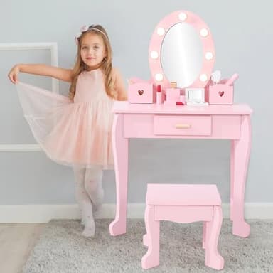 GarveeHome Kids Vanity with Lighted Mirror, Toddler Vanity Table and Chair Set, Girls Makeup Playset, Pink - Image 1